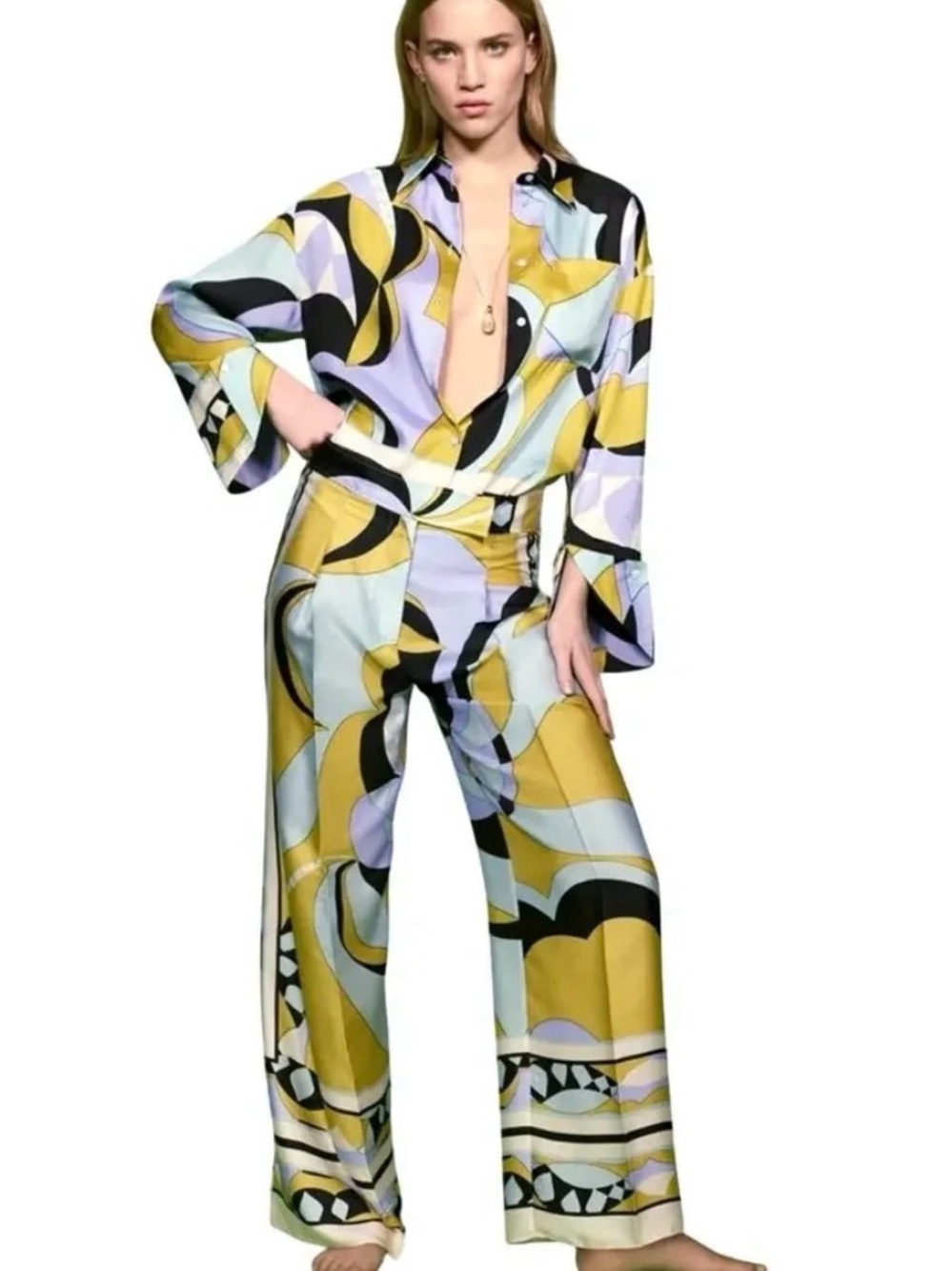 Zara Yellow Lavender and Black Abstract Wide-Leg Pants | XS